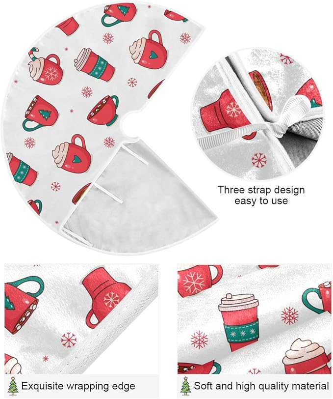 Christmas Hot Chocolate Coffee Tree Skirt, Seasonal Tree Mat Holiday Party Supplies Ornaments Indoor Outdoor Decorations for Tabletop Trees 35.4 Inches