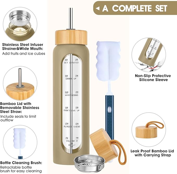 32 oz Glass Water Bottle with Straw - Motivational Time Marker & Silicone Sleeve - Reusable Tumbler Includes 2 Bamboo Lids & Fruit Infuser - 1 Pack