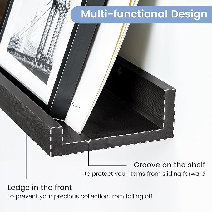 Picture Ledge Wall Shelves 24 inches Width Set of 3, Solid Pine Wood Rustic Floating Ledge Shelves for Kids' Room Bedroom Kitchen Bathroom Living Room Nursery Display Wall Decor, Black