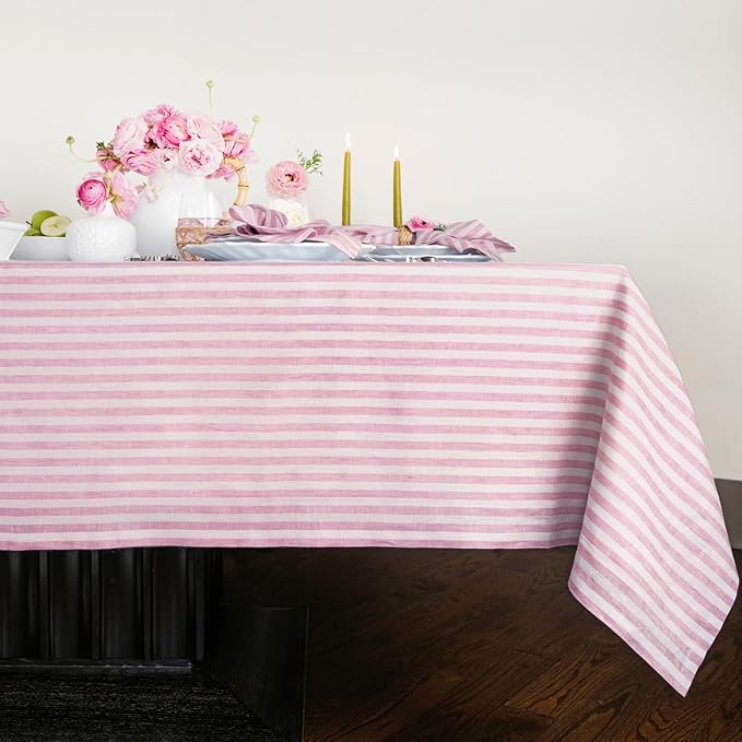 Solino Home Linen Tablecloth 60 x 120 Inch - Amalfi Stripe 100% Pure Linen Cherry Blossom and White Table Cloth for Rectangle Tables - Machine Washable Tablecloth