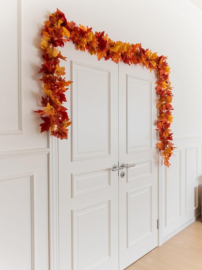 6PCS Yellow-Red Fall Maple Leaves Garland, 5.6Ft Artificial Maple Leaf Autumn Garland Hanging Fall Vines Table Decorations Front Door Fall Decor Thanksgiving Decorations Decor Outside Indoor Decor