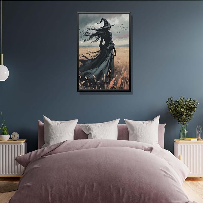 JFHCQJPK Gothic Decor Canvas Wall Art Witch in Rice Field Halloween Art Decor Print Nature Print Victorian Home Bedroom24x36in Metal blackFramed