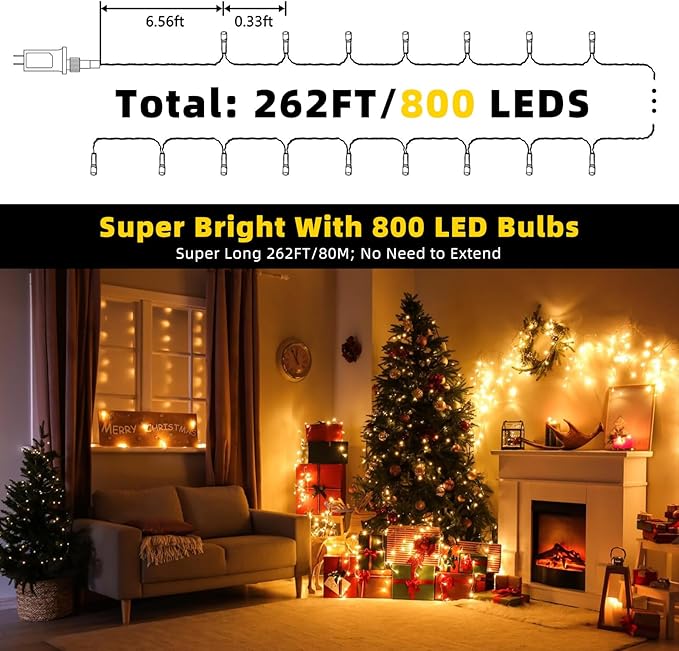 XTF2015 262FT 800 LED Christmas String Lights, Christmas Lights End to End Plug 8 Modes Memory Function with Timer, UL Certified Outdoor Indoor Fairy Light Christma s Tree, Patio, Party (Warm White)