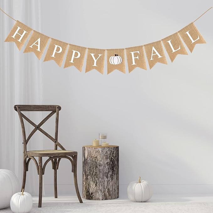 Happy Fall Burlap Banner White Jute Burlap Pumpkin Garland Harvest Mantel Fireplace Wall Hanging for Home Office School Party Decor Thanksgiving Decoration