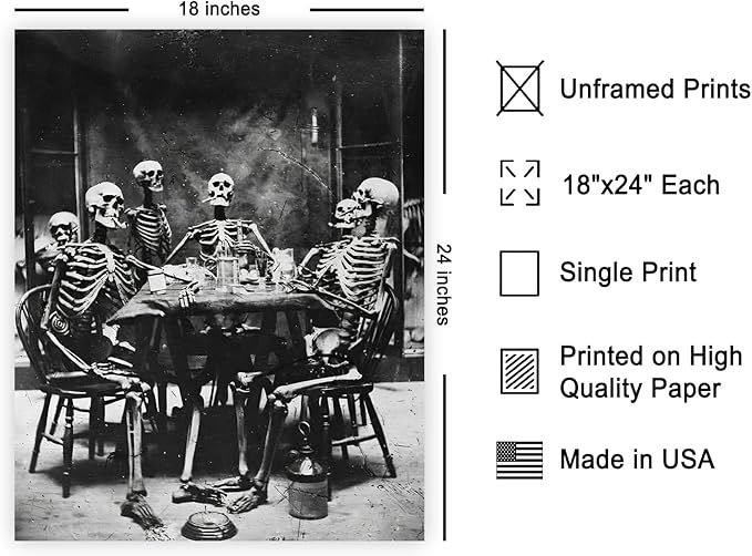 Poster Master Vintage Photograph Poster - Retro Daguerreotype Print - Gift for Artist, Friend - Skeletons Smoking at Table, Dinner Party, Goth - Wall Decor for Home, Dorm, 18x24 Unframed Wall Art