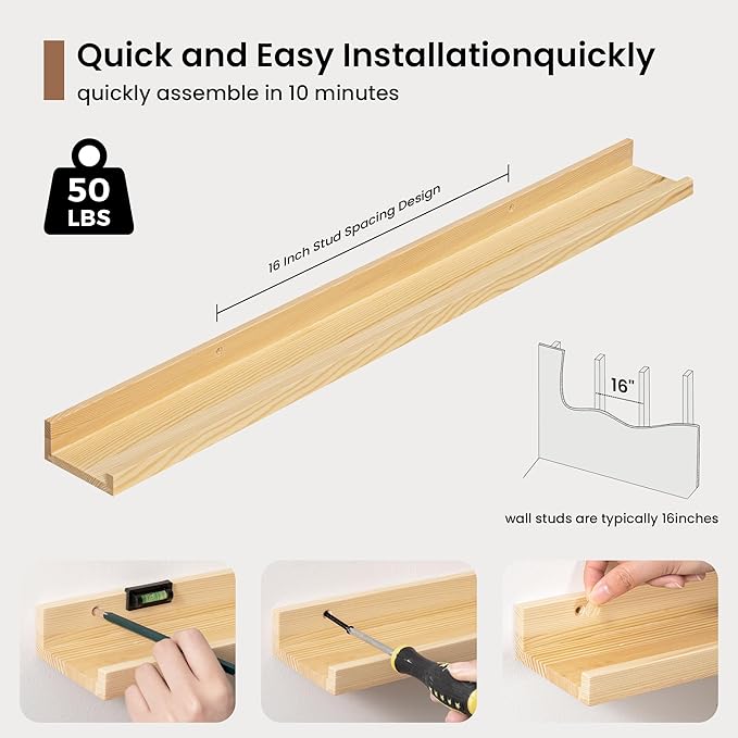 Picture Ledge Shelf, Solid Pine Wood Floating Shelves Set of 2, 32 Inches Nursery Book Shelves for Toys Storage, Kids Bookshelf Wall Mounted for Living Room Decor Photo Frames, Unfinished Natural