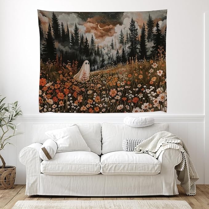 Spooky Fall Forest Art Halloween Tapestry Wall Hanging Cute and Funny Forest Flower Ghost Tapestry for Bedroom Whimsical Dark Academia Aesthetic Tapestries for Home Living Room Decor 70x90inch