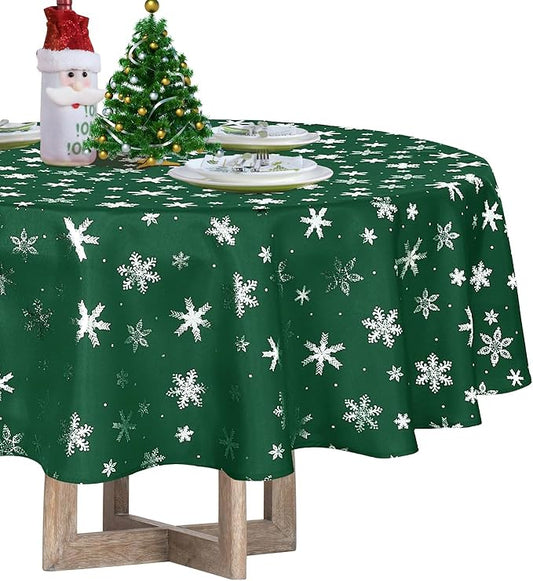 LUSHVIDA Christmas Tablecloth Round - Green 60inch Snowflakes Foil Print Pattern Washable Wrinkle Resistant Holiday Tablecloths for Christmas Family Gathering, Dining Room Table 130GSM