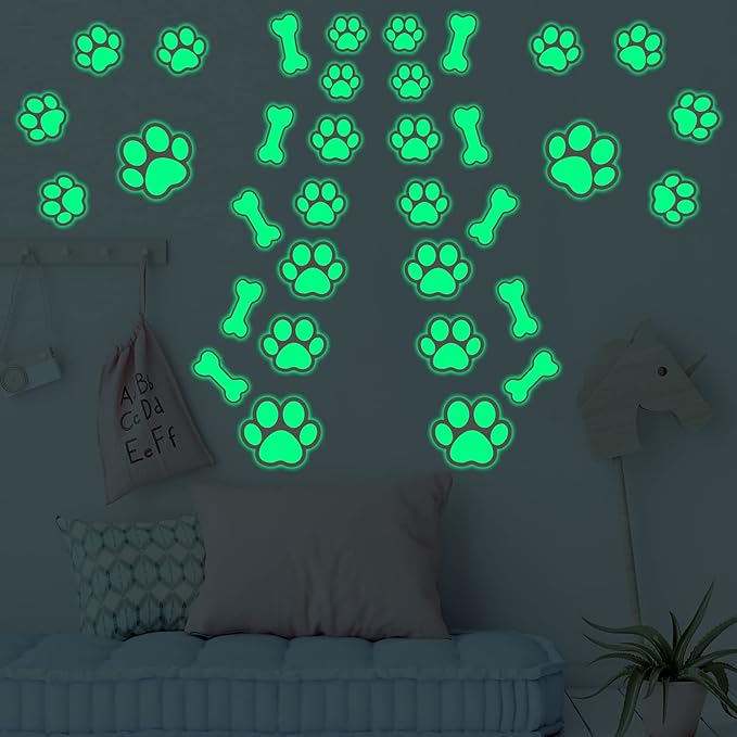 127 Glow in The Dark Dog Paw Stickers Luminous Removable Vinyl Wall Decals for Kids Nursery Bedroom(Green Light)