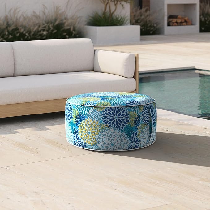 Inflatable Ottoman Stool D21 xH9 for Outdoor/Indoor Use, Water Repellent Patio Foot Rest Stool with Portable Handle,Round Pouf Ottoman Suitable for Garden,Deck and Camping - Dahlia Blue