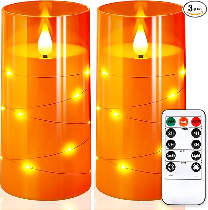 NURADA 3"x6"Flickering Flameless Candles: Built-in Star String Lights 3D Wick Battery Operated LED Pillar Candles with Remote and Timer for Halloween Thanksgiving Dinner Tables Home Fall Decor Orange