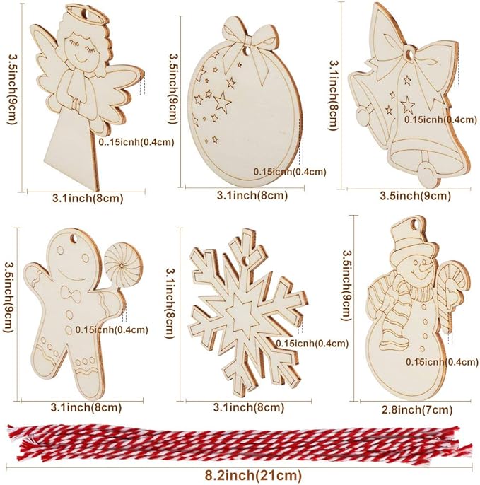 48PCS Christmas Crafts for Kids, Wooden Christmas Ornaments Unfinished Wood Slices with 6 Styles, DIY Christmas Ornaments Kits for Christmas Tree Holiday Hanging Decorations