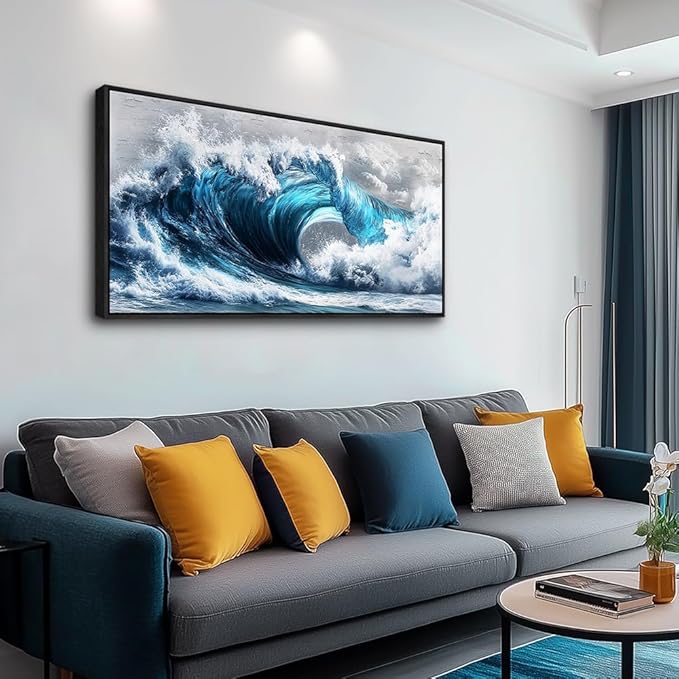 PHAOHUAXM Large Canvas Wall Art For Living Room Wall Decor For Bedroom Ocean Inspiration Wall Pictures Office Mural Decorations Posters Blue Wave Paintings Modern Home Decor Black Framed 24x48 In