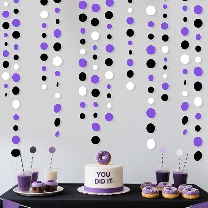 46Ft Purple Black Circle Dots Garlands Black Purple and White Polka Dot Hanging Paper Streamer Banners for Birthday Graduation Wedding Bridal Shower Baby Shower Halloween Party Decorations Supplies