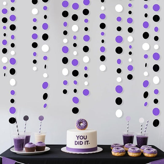 46Ft Purple Black Circle Dots Garlands Black Purple and White Polka Dot Hanging Paper Streamer Banners for Birthday Graduation Wedding Bridal Shower Baby Shower Halloween Party Decorations Supplies