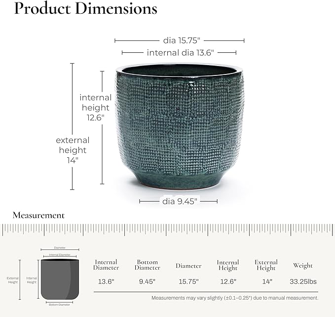 LuxenHome 15.5-Inch Dia Ceramic Plant Pot, Large Indoor Outdoor Decorative Planters with Drainage Hole and Rubber Plug, Modern Green Glazed Round Flower Pot Planter for Home Garden Patio Front Porch