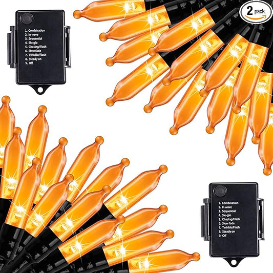 Halloween Orange String Lights Decorations，2 Pack 17.8 Feet 50 LED Battery Operated Mini String Lights with 8 Modes Waterproof for Outdoor Indoor Patio Xmas Tree Holiday Party Christmas Show