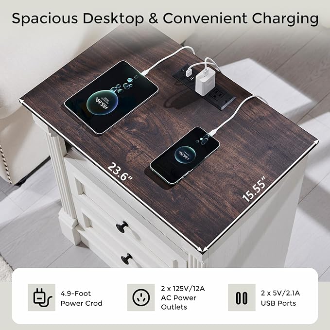 26" Tall Farmhouse Nightstand Set of 2, 3 Drawers End Table w/Charging Station, 23.6" Wide Large Side Table w/Roman Column, Wood Rustic Sofa Table for Bedroom, White