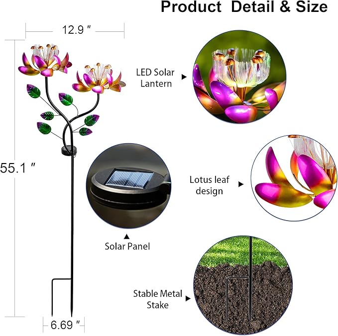 55'' Solar Powered Kinetic Wind Spinner Sculpture Pink Lotus Metal Stake Spinner for Patio, Lawn and Garden Decor Weather-Resistant Outdoor Art with Dual Lotus Design