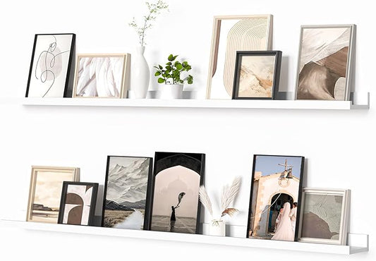 Heimlove Picture Ledge Shelf, Floating Shelves Set of 2, 56 Inches Picture Shelf for Wall with Ledge, Kids Bookshelf Wall Mounted for Living Room Bedroom Decor Books Photo Frames, White