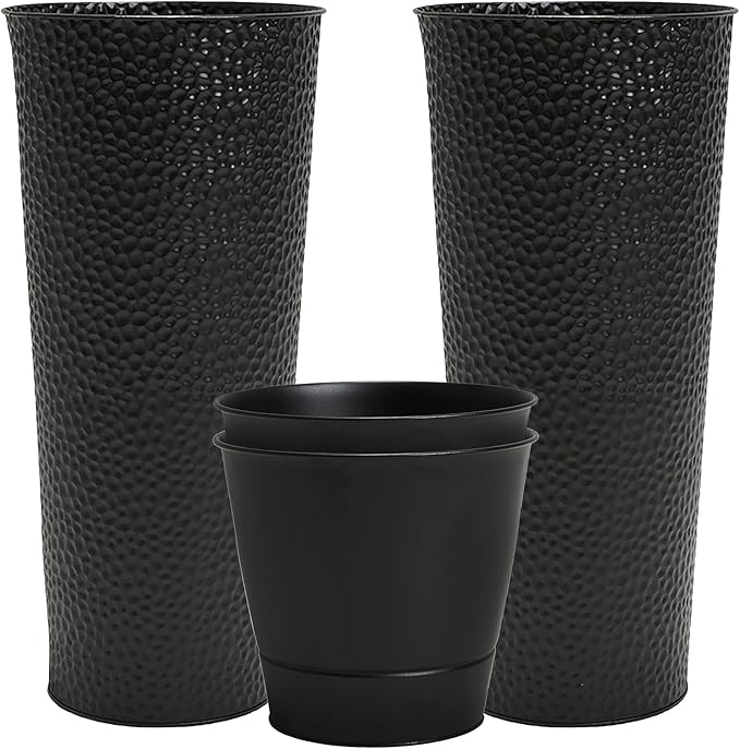 Worth Garden 2-Pack 28" H. Metal Planter with 2X Inside Pots - Hand-Hammered Texture Tall Narrow Tapered Plant Pots - Large Handcrafted Flower Pot for Indoor Outdoor, Deck, Patio, Front Porch (Black)