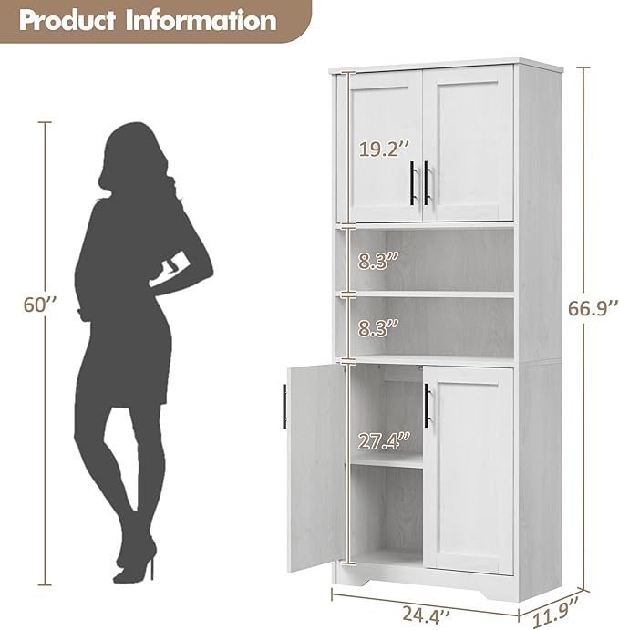 GarveeHome 67" Tall Storage Cabinet, Tall Bathroom Cabinet with 4 Doors and Adjustable Shelves, Freestanding Kitchen Pantry Cabinets, Cupboard for Living Room, Dining Room, Antique White