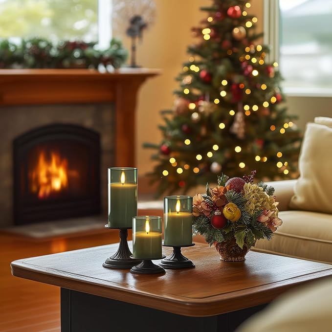 Amagic Green Glass Flameless Candles with Remote and Timer, Real Wax Battery Operated Candles, Flickering Electric LED Pillar Candles for St. Patrick's Day, Christmas Party Decor, Set of 3