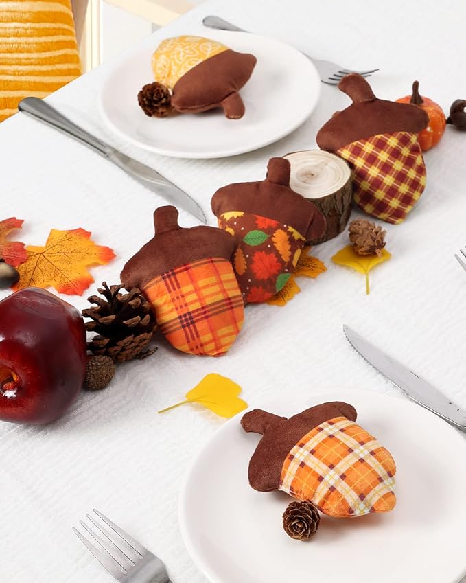 5PCS Fall Stuffed Acorns Plush Decorations 4.5'' x 3.5'' Autumn Fabric Acorn Decor, Bowl Basket Tray Fillers Dinner Table Centerpiece Harvest Thanksgiving Tree Hanging Ornament Fall Tiered Tray Decor