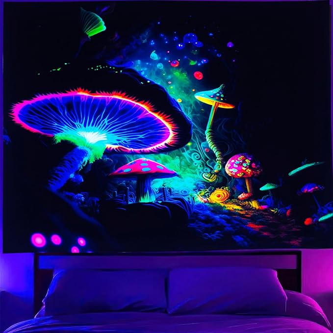 Blacklight Mushroom Tapestry Glow In The Dark Fantasy Forest Tapestry UV Reactive Magic Tapestries Wall Hanging Decor for Bedroom Dorm Living Room (35" x 47")