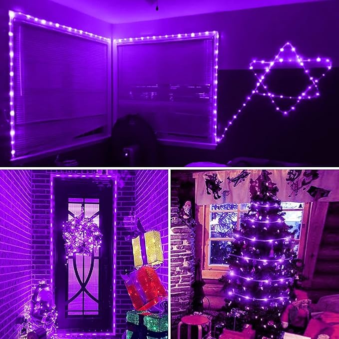 YEGUO 2 Packs Each 33ft 100 LED Solar Rope Lights Outdoor Waterproof, Purple String Lights for Outside, 8 Modes Fairy Lights in Clear Thin Tube for Camping Fence Patio Garden Trampoline Deck