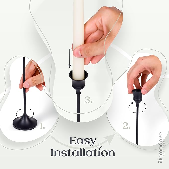 Black Candlestick Holders | Set of 3 | Metal with Matte Finish | 3 Different Sizes | Taper Candles Included | Decorative Centerpiece for Wedding, Christmas, Fireplace Mantel, Dining Table