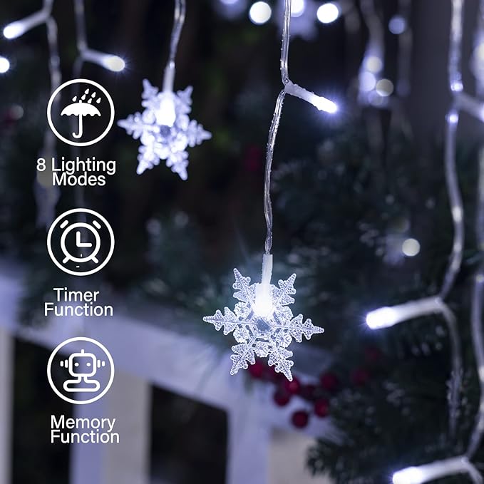 Brightown Christmas Icicle Lights Outdoor, 33 Feet 60 Drops with 300 LED, Twinkle Fairy String Lights 8 Modes Waterproof Connectable for Christmas Decorations (Pure White)