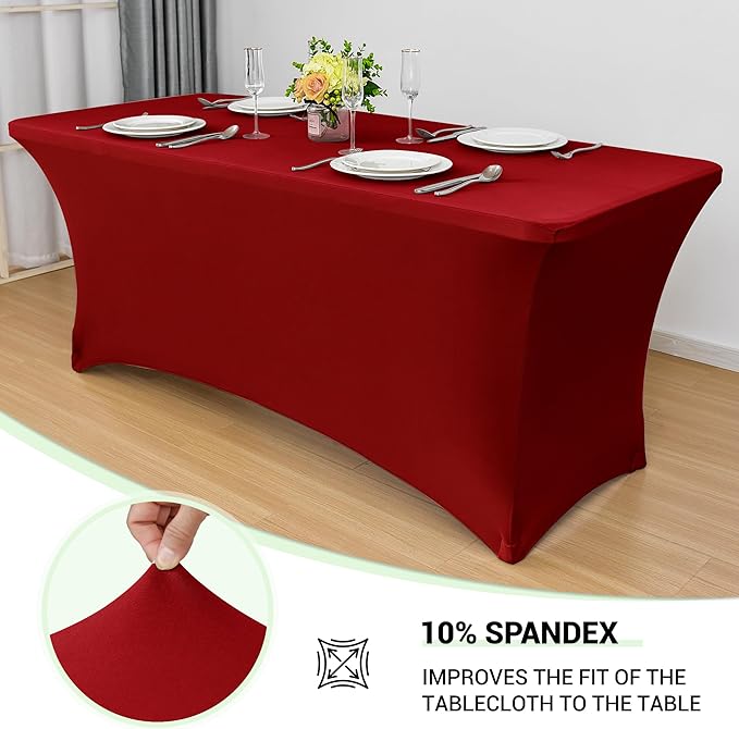 Obstal Spandex Table Cover 6ft Fitted Tablecloth Rectangular - Stretch Rectangle Folding Table Cloth for Birthday Party Wedding Banquet, Dark Red, 72L x 30W Inch