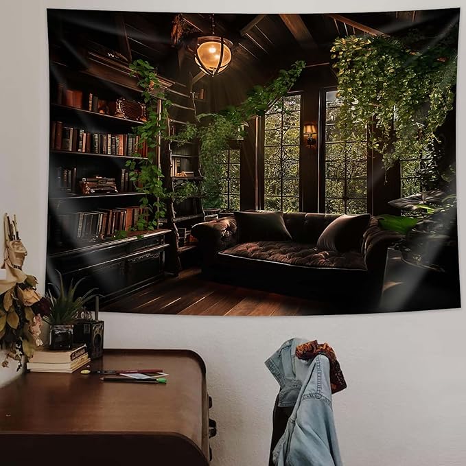 dueeia Medieval Bookshelf Tapestry Wall Hanging Book Library Backdrop Bookcase Dark Academia Vintage Wall Decor for Bedroom Aesthetic Living Room Office (90.6"x70.9")