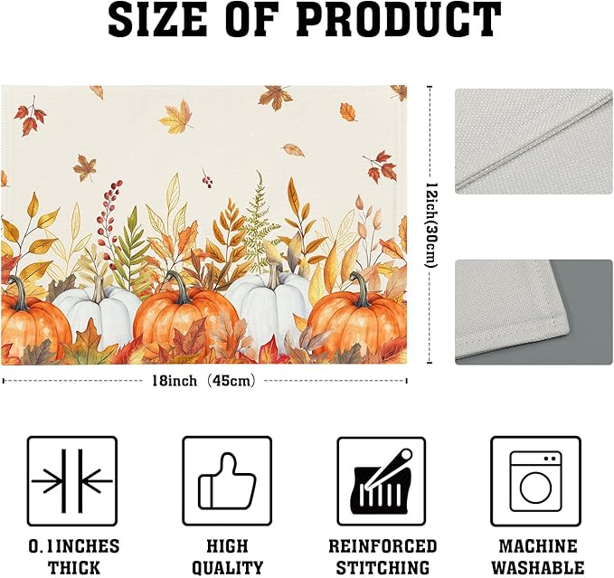 Fall Placemats Set of 4 Autumn Thanksgiving Harvest Watercolor Pumpkin Place Mats 12x18 Inch Seasonal Washable Table Mats for Party Kitchen Dining Decoration