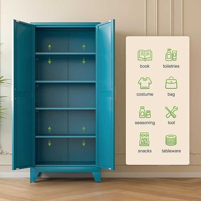 71'' Farmhouse Metal Storage Cabinet with Barn Doors,Steel File Cabinet for Home Office,Kitchen Pantry 4 Adjustable Shelves,Freestanding Cupboard for Kitchen,Home Office (Peacock Blue)