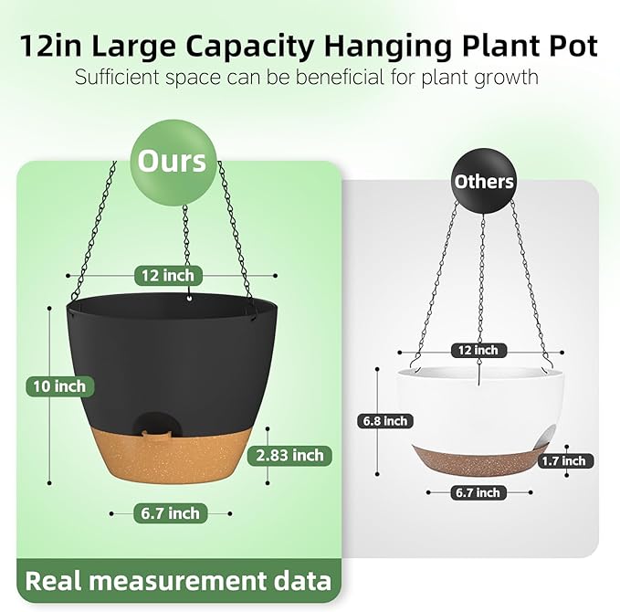 ZMTECH 12 Inch Hanging Planters for Indoor Outdoor Plants, 1 Pack Self Watering Hanging Plant Pots with Drainage Holes and Removable Saucer, Plastic Flower Hanging Pots with Watering Lip (Black)