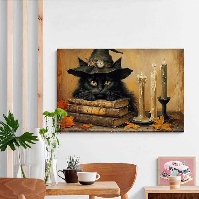 Vintage Halloween wall decoration black cat and magic book suitable for home bedroom living room decoration dark classic art witch wall decoration16x24in Wood Framed