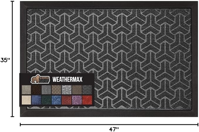 GORILLA GRIP 100% Waterproof All-Season WeatherMax Doormat, 47x35, US Designed Natural Rubber, Stain and Fade Resistant, Low Profile Indoor Outdoor Door Mats, Easy Clean Patio Mat, Slate Geometric