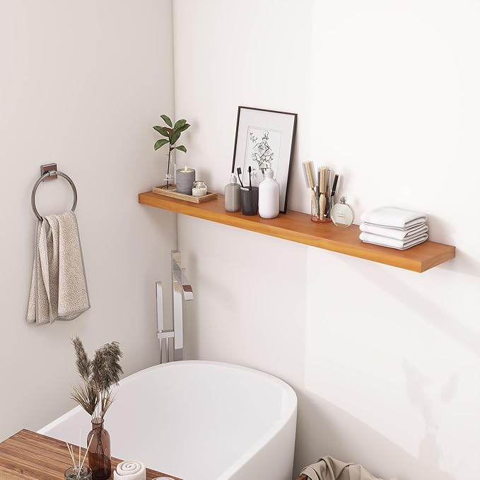 Light Brown Wooden Floating Wall Shelves 48 Inches Long x 8”x 1.4” Shelf Floating Rustic Farmhouse Decor, Heavy Duty Shelf Hold 100 lbs, Wall Shelves for Bathroom Living Room Kitchen Bedroom Office