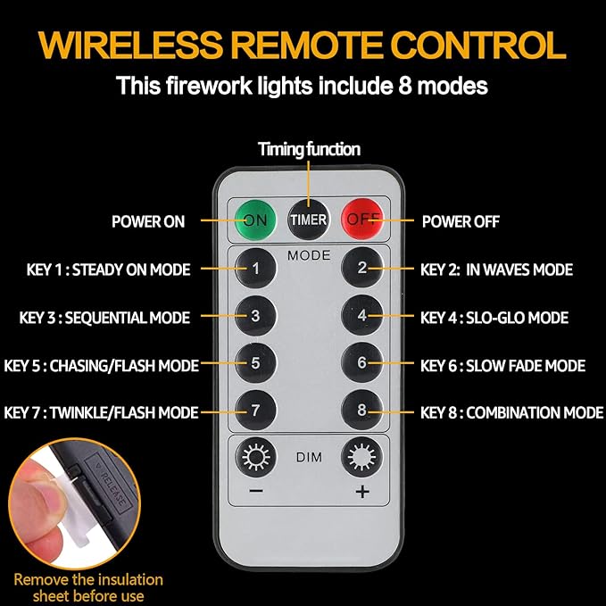 8 Pack Firework Lights 180 Led Copper Wire with 8 Models Power Supply Remote Control Waterproof Outdoor Hanging for Decor Garden Party Christmas