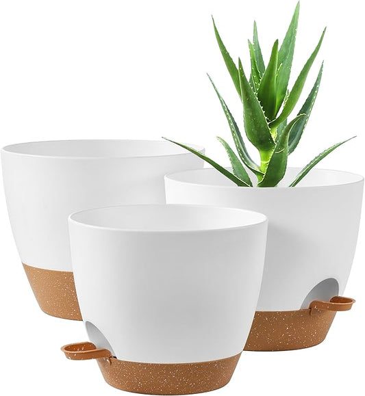 FaithLand 3-Pack Planter Pots, 10 9 8 Inch Self Watering Flower Pots for Indoor Outdoor Garden Plants, White with Brown