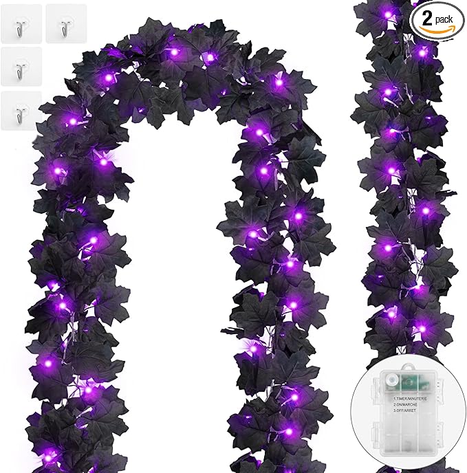 Ouddy Decor 2 Pack Lighted Black Garland Decorations, Total 20 Ft 60 Led Fall Lights Maple Leaves Battery Operated for Indoor Outdoor Thanksgiving Front Door Decor, Purple