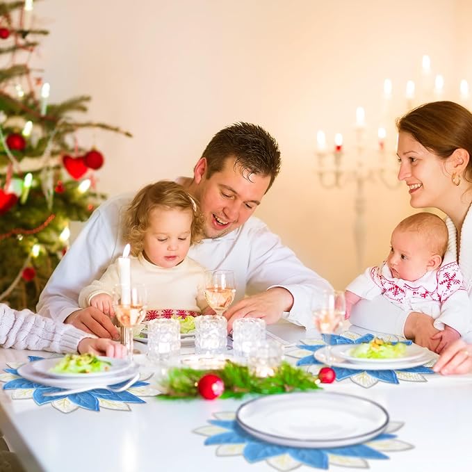 Tudomro 6 Pcs Holiday Embroidered Double Layer Placemats - Blue Glitter Applique Poinsettia Christmas Flower Placemats for Dining Table Decoration