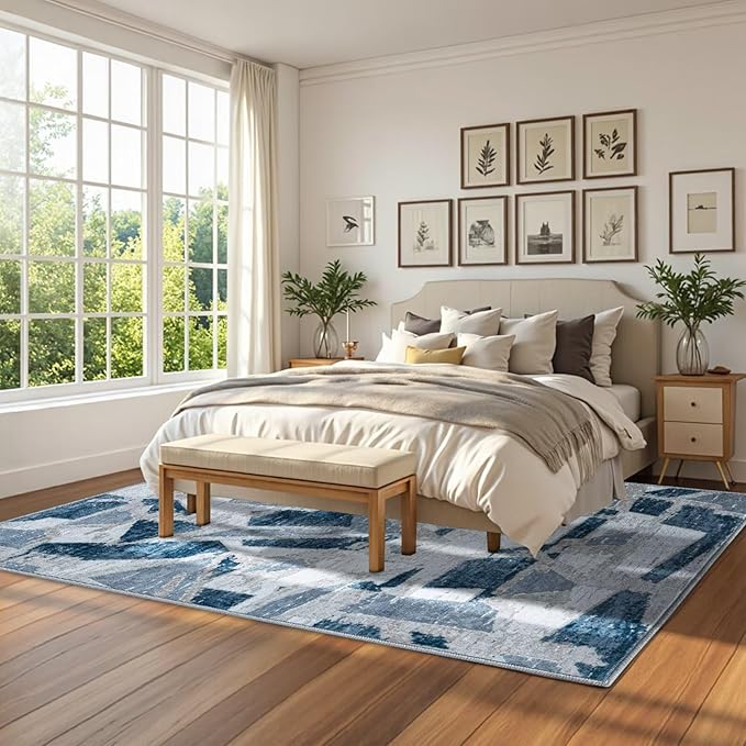 Modern Abstract Blue 6X9 Area Rug for Living Room Bedroom Washable, with Non-Slip Rubber Backing Print Faux Wool Thin, Throw Large Carpet for Kids Playroom Dining Room Pet & Child Friendly