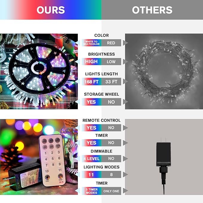 JMEXSUSS 600 LED Color Changing String Lights Plug in, 168FT White & Multicolor Christmas Lights with Remote, Christmas String Lights Outdoor Waterproof Clear Wire for Tree Xmas Decor