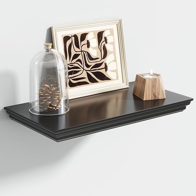 Floating Shelves for Wall, 16 Inch Wall Mounted Black Hanging Shelf for Kitchen, Living Room, Office, Bedroom, Bathroom, Retro Vintage Wood Bookshelf for House Decor