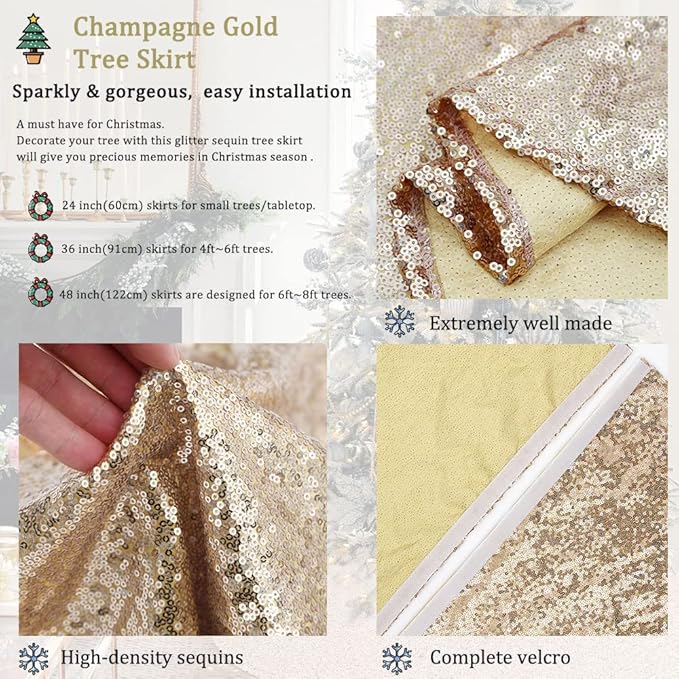 36 Inches Christmas Tree Skirt Champagne Gold Tree Skirt Sequin Glitter Tree Skirt for 4ft Tree Christmas Decoration