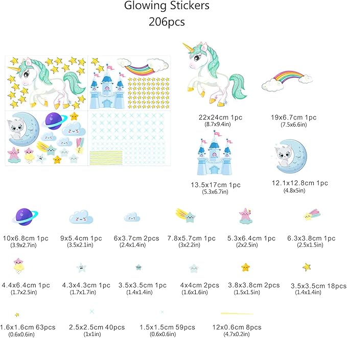 Glow in The Dark Unicorn Stickers, 206 pcs Cats and Moon Wall Decals, Glowing Castle Clouds Ceiling Decor for Kids Bedroom, Stars and Rainbow Wall Decor for Girls and Boys Gift