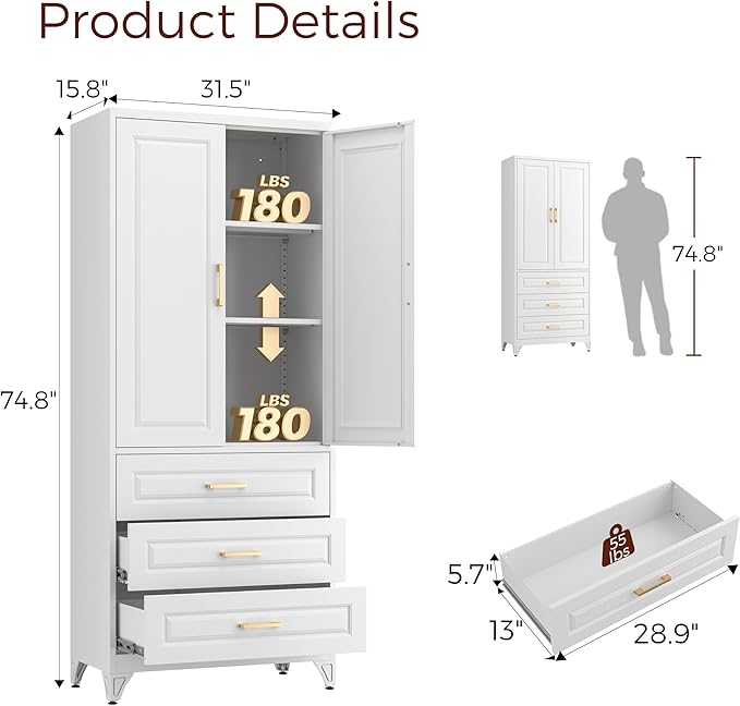 75" Kitchen Pantry Cabinet, Metal Storage Cabinets with Doors and Adjustable Shelves, White Tall Pantry Cabinet with 3 Drawers for Dinning Living Room